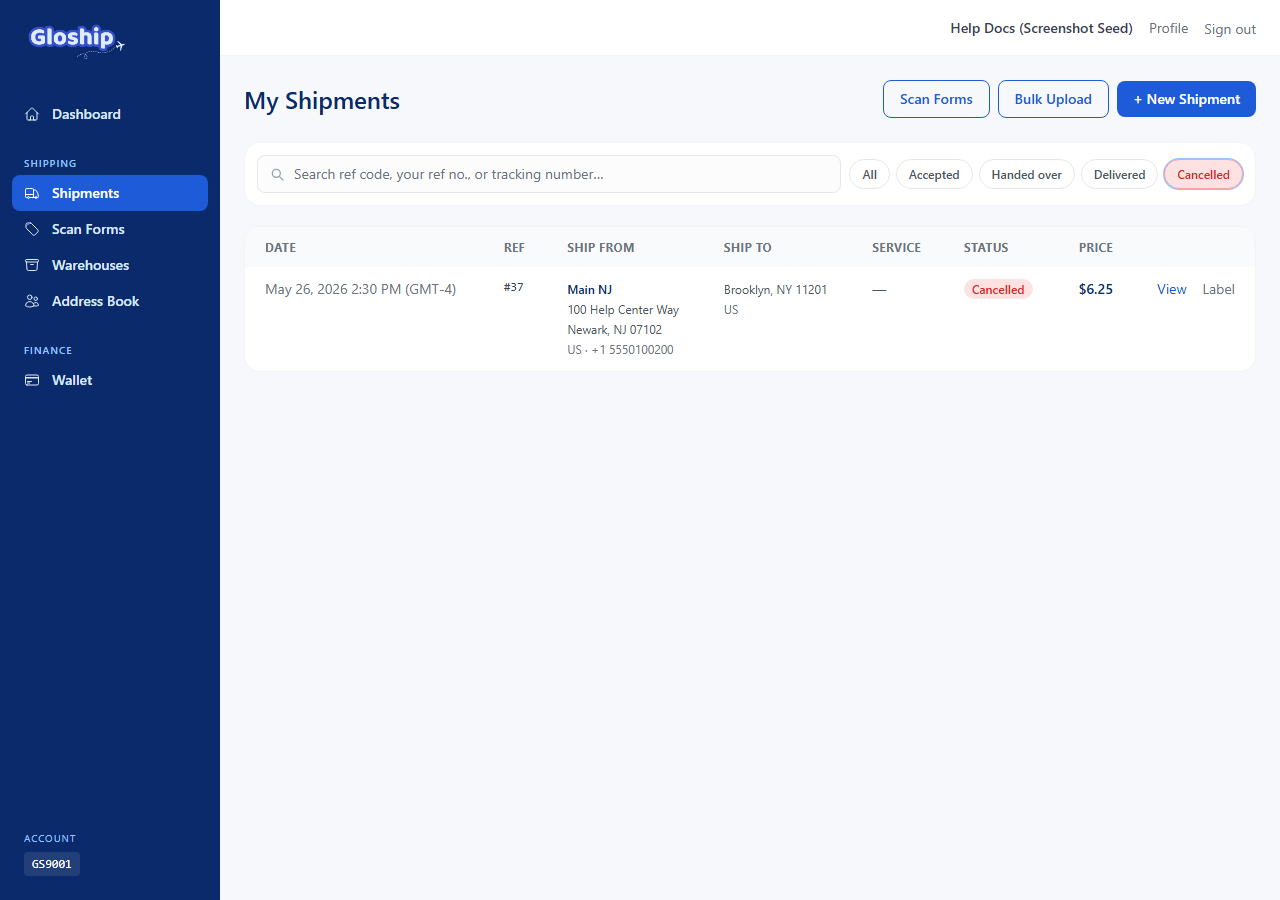 Cancelled or refunded shipment showing the timeline with refund event
