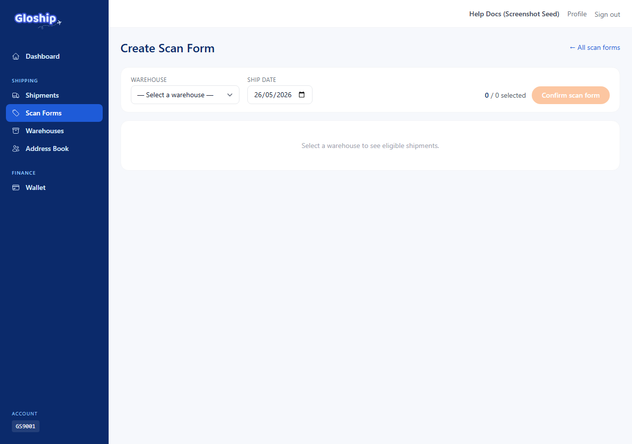 Create Scan Form page with date and warehouse filters and an Available shipments list