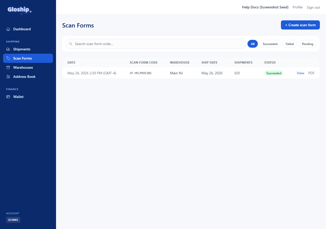 Scan form detail page with a Download PDF button and the included tracking list