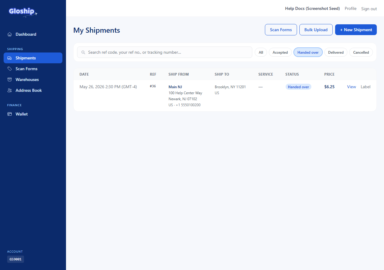 Shipments list filtered to handed_over status