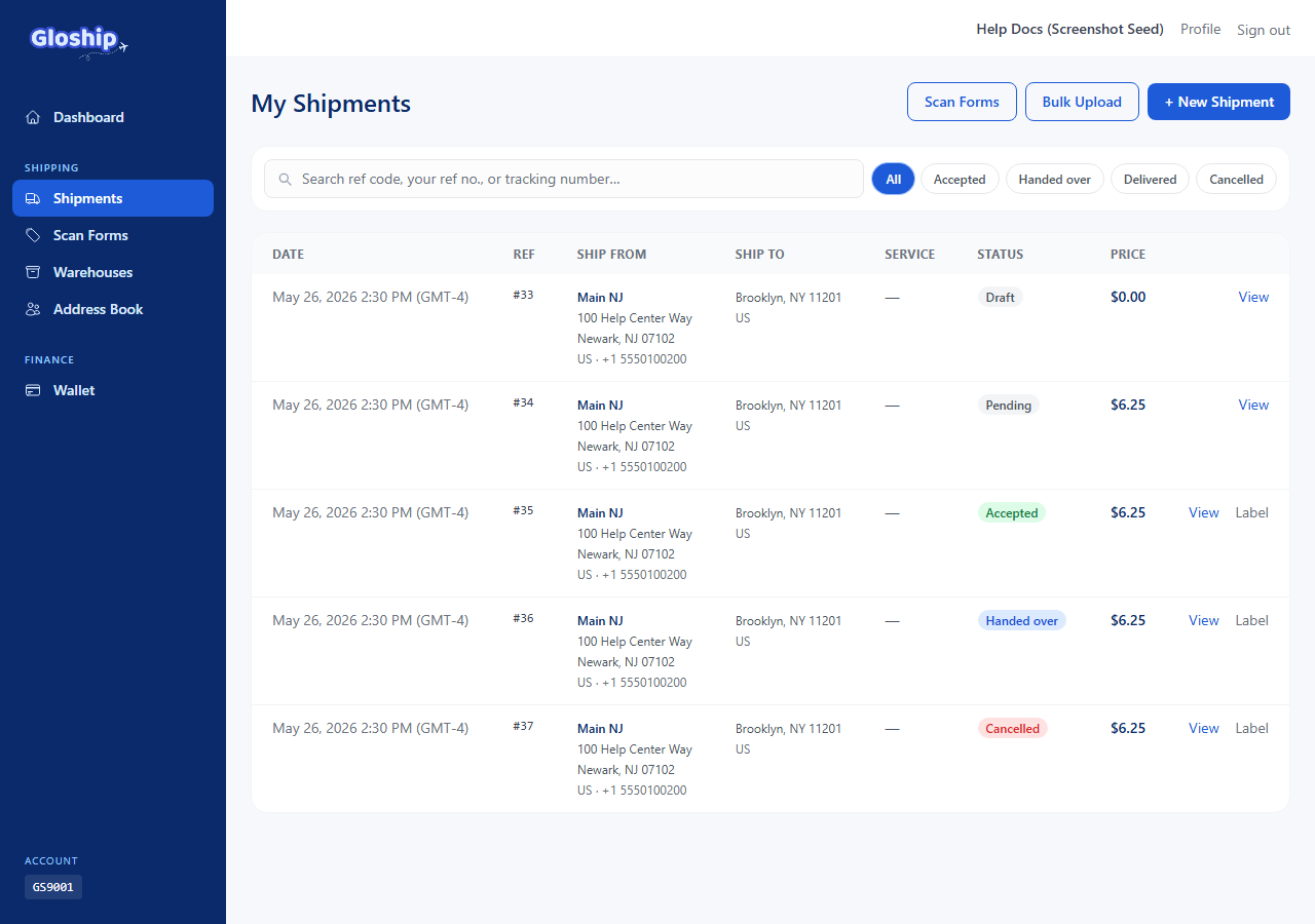 Shipment detail page with a Label link that downloads the carrier PDF