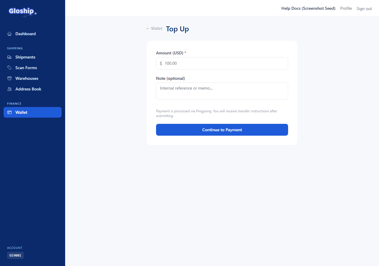 Top Up form with a USD amount input and an optional note field