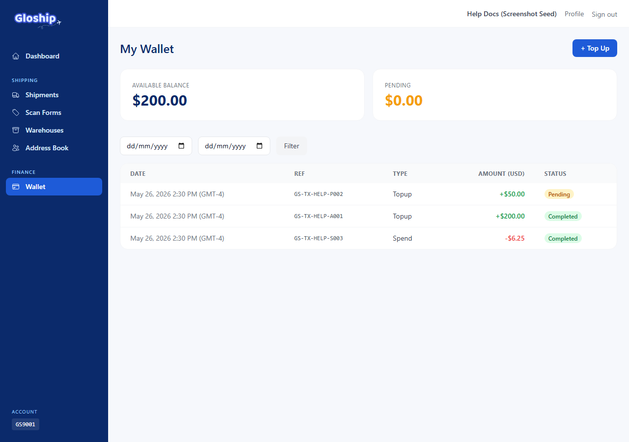 My Wallet page showing available and pending USD balance