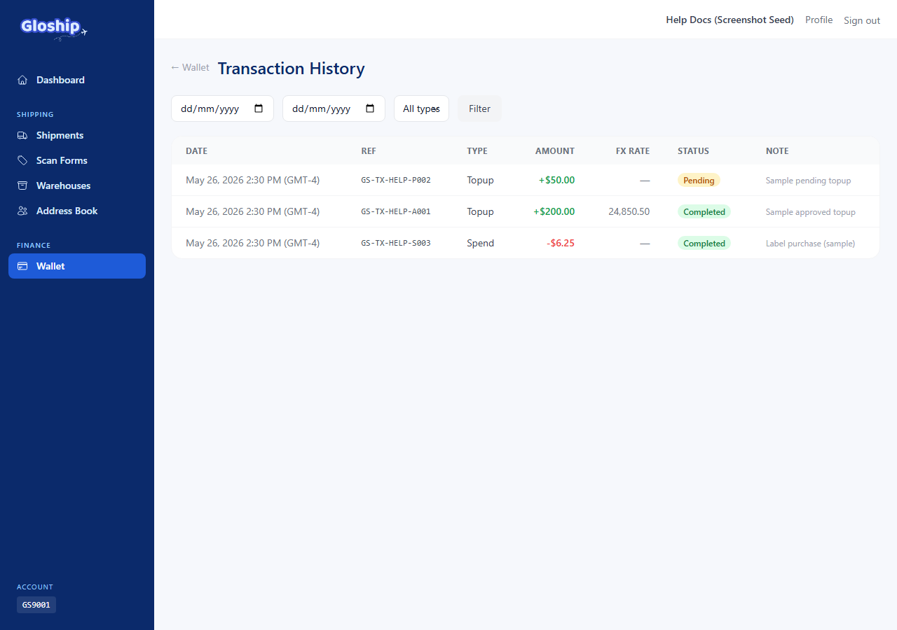 Transaction History page showing every wallet movement with type, status, and amount