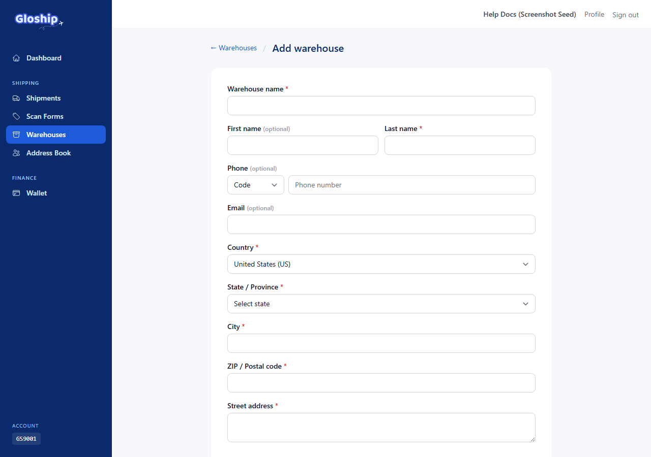 Add warehouse form with nickname, contact, and US address fields
