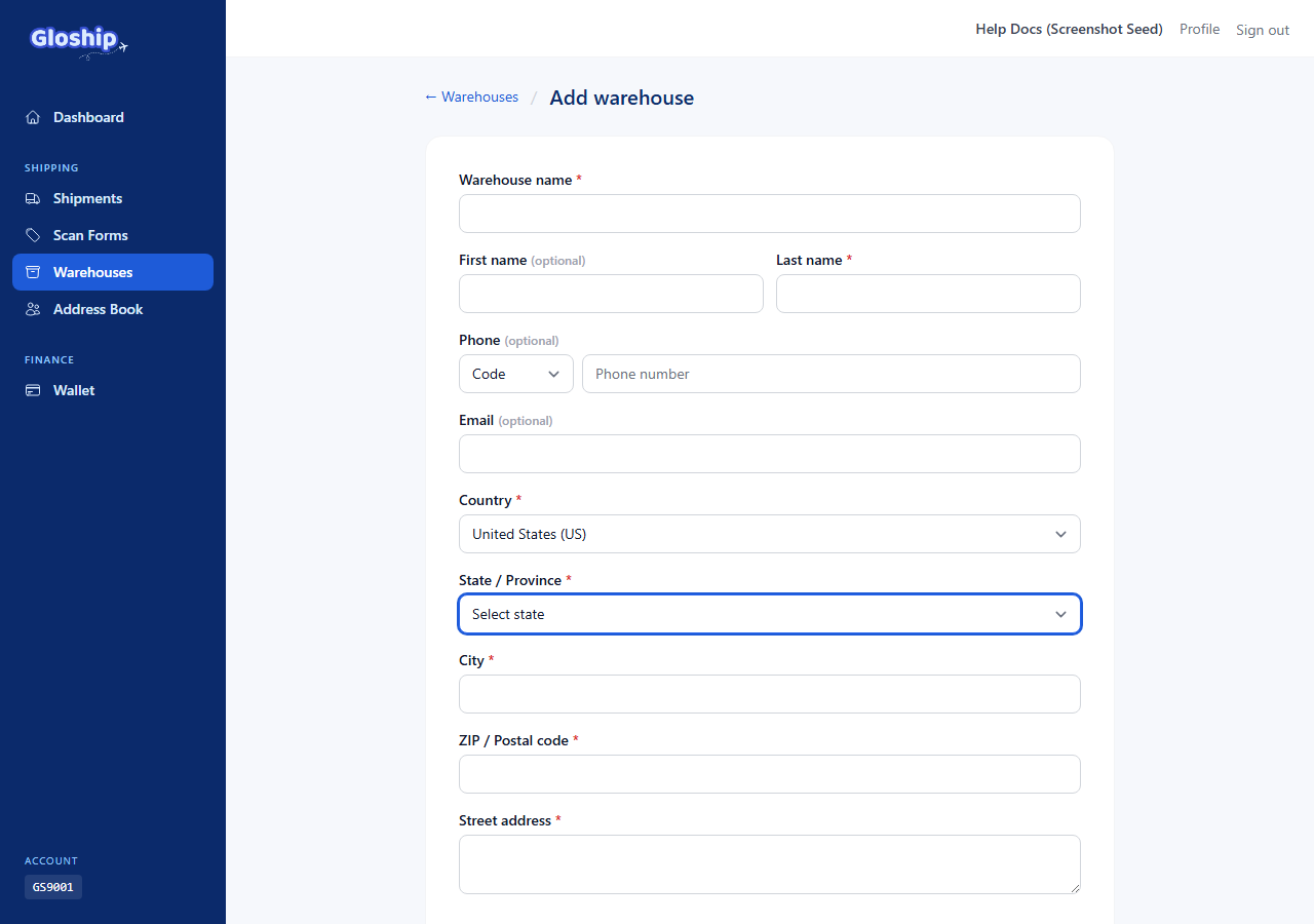 State dropdown on the Add warehouse form showing US state abbreviations