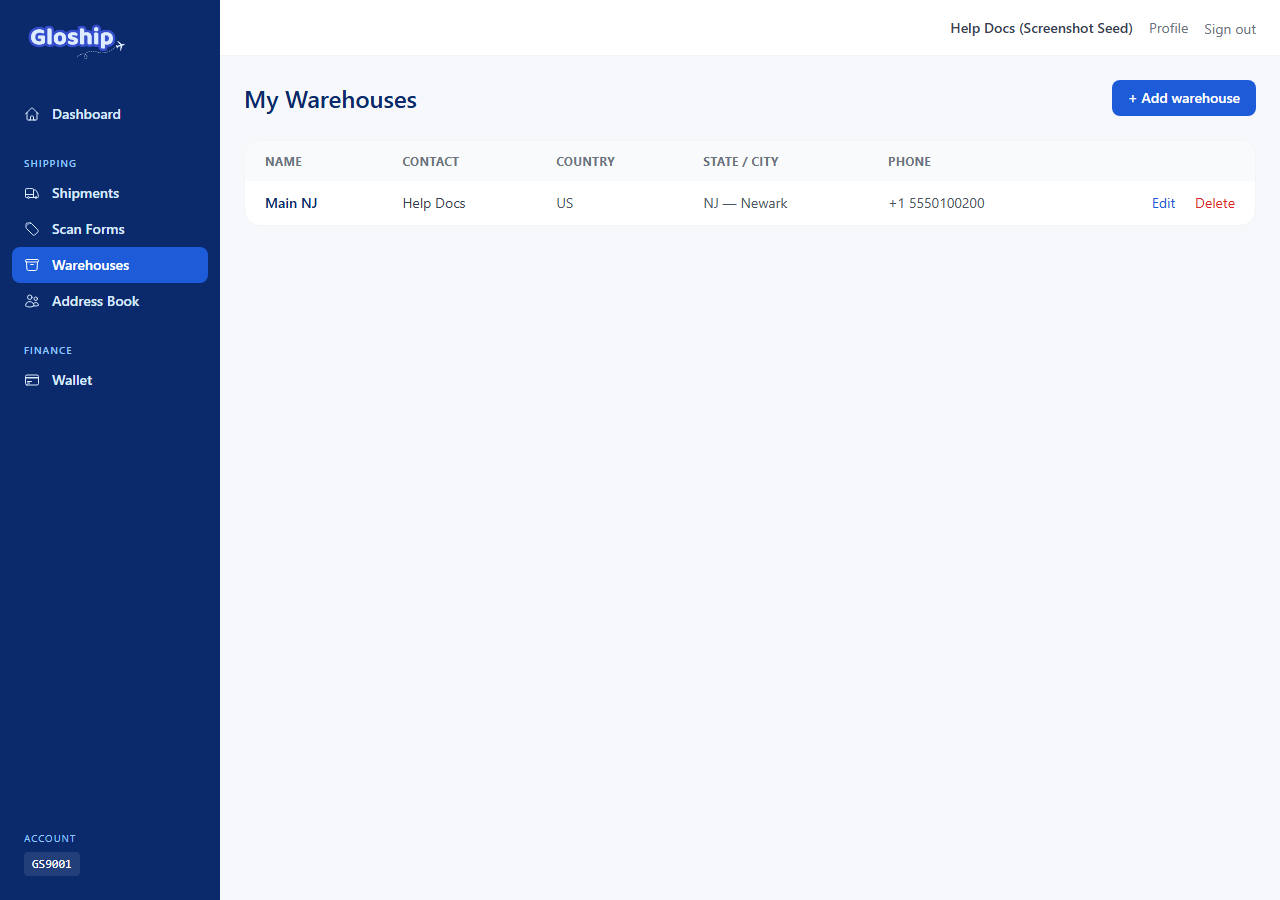 My Warehouses index page with a list of saved warehouses and an Add warehouse button